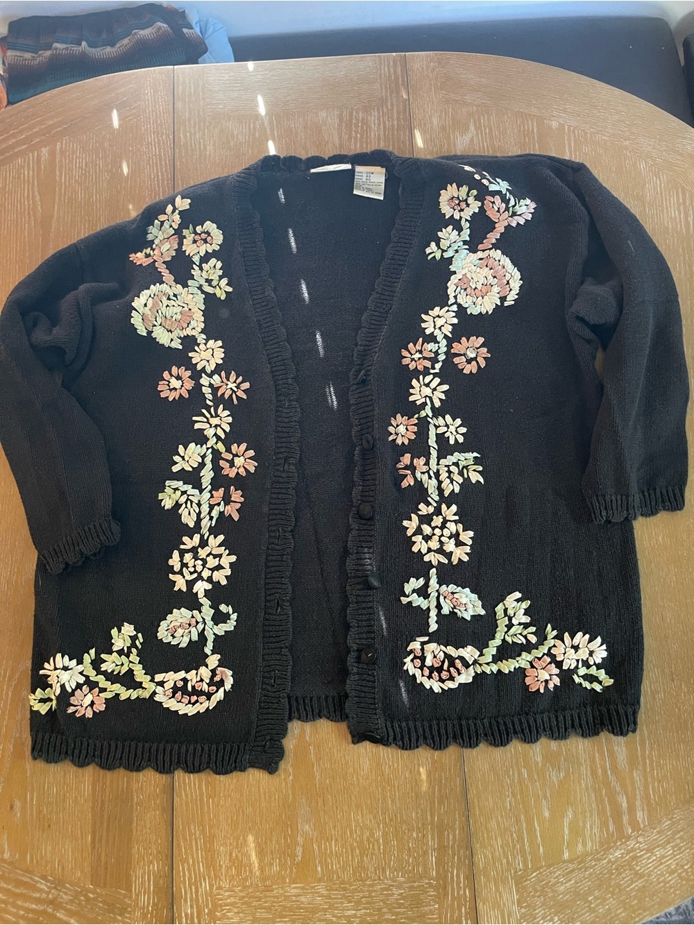 Kathie Lee Collection Black Open-Front Cardigan with Pastel Floral Embroidery